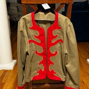 Stylish Vintage Tan/Sage Jacket with Red Accents